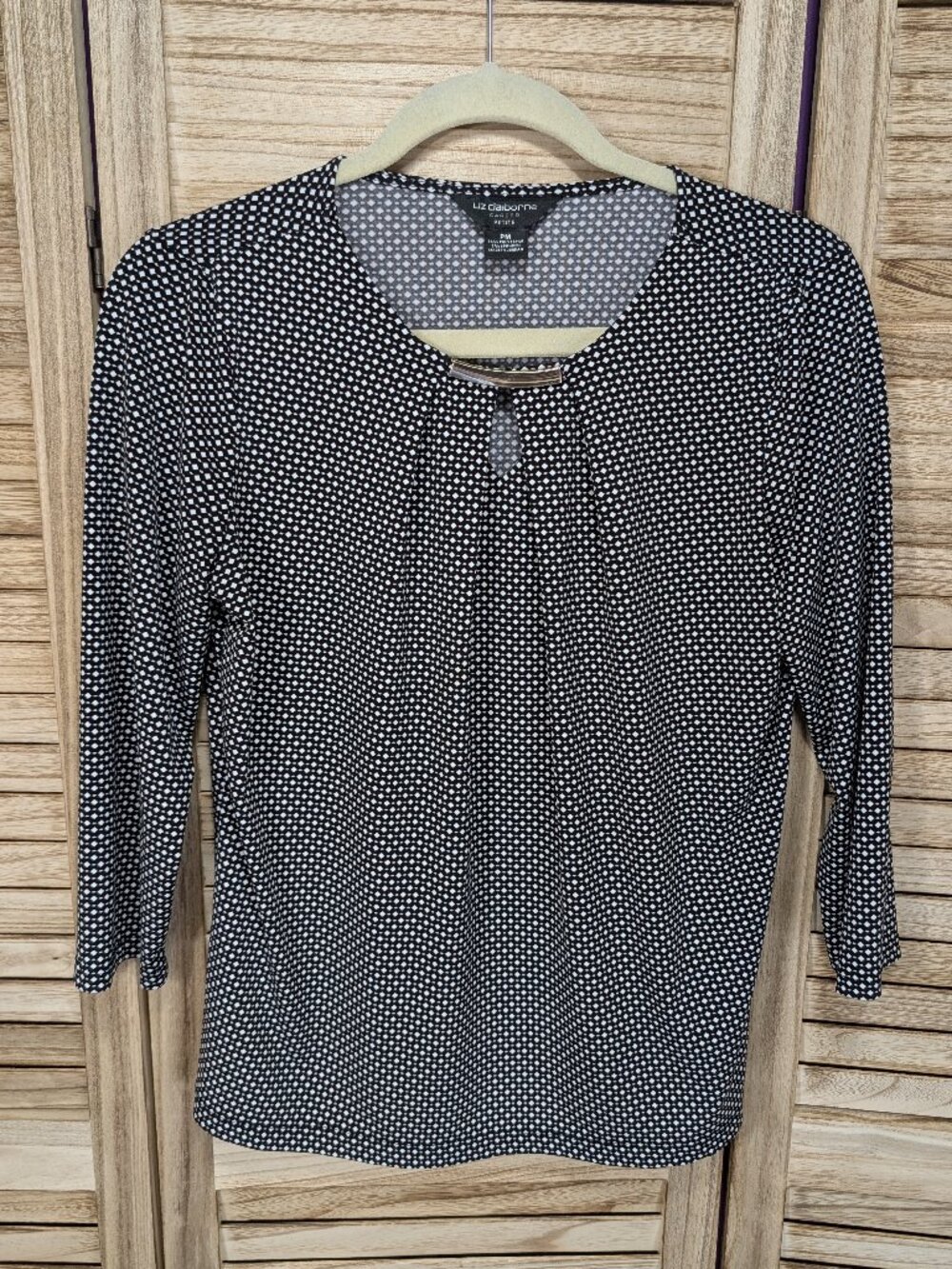 Liz Claiborne Career Petite Blouse Black White Pink Dot Keyhole Size PM